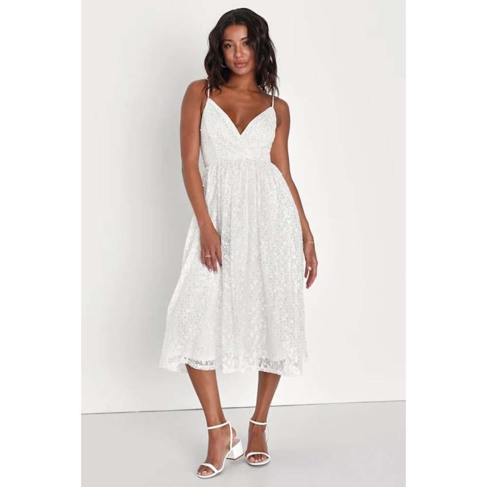 Lulus Dreamy Drama White Sequin Lace A Line Midi Dress Lined PD73756BL‎ XS NEW